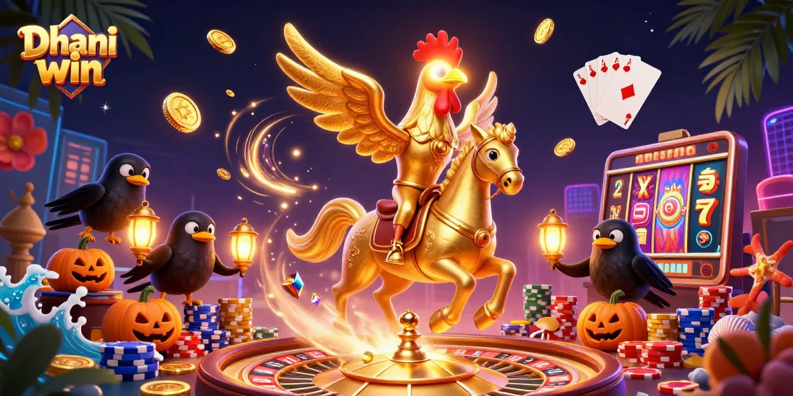 Dhani win offers lively gaming with golden rooster and vibrant casino elements in a dynamic 3D illustration.