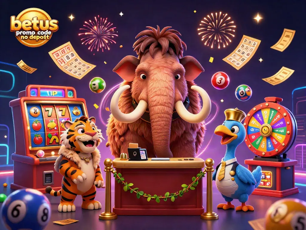 Experience the excitement with the betus promo code no deposit in a lively casino scene featuring a woolly mammoth bouncer and vibrant game elements.