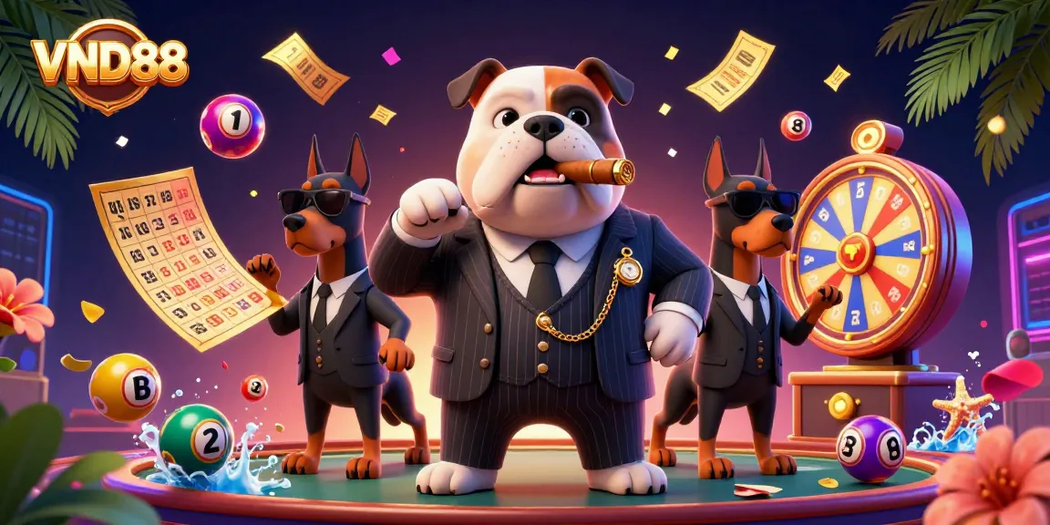 VND88 casino scene showcasing a mafia bulldog and bodyguard Dobermans with vibrant lottery elements.