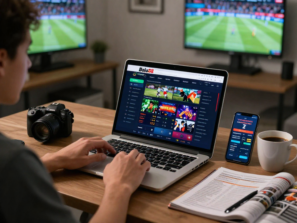 Engaged user interacting with the Bola88 online gambling platform at home.