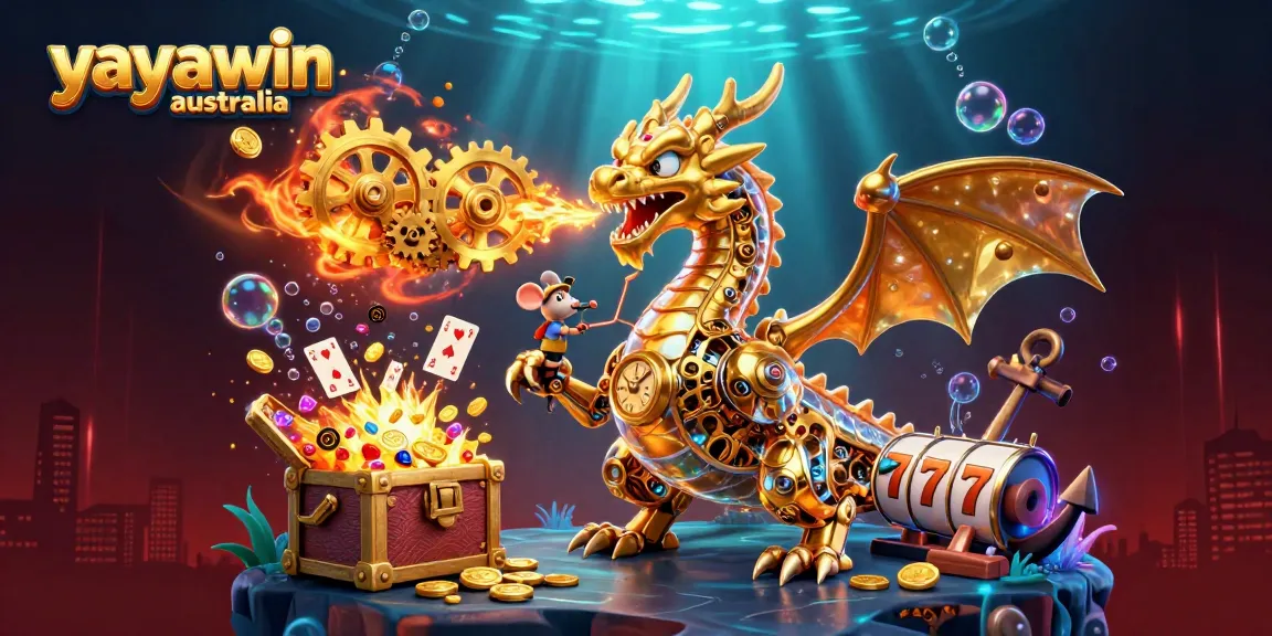 Experience excitement with yayawin australia as the golden dragon breathes gears amidst dynamic casino elements.