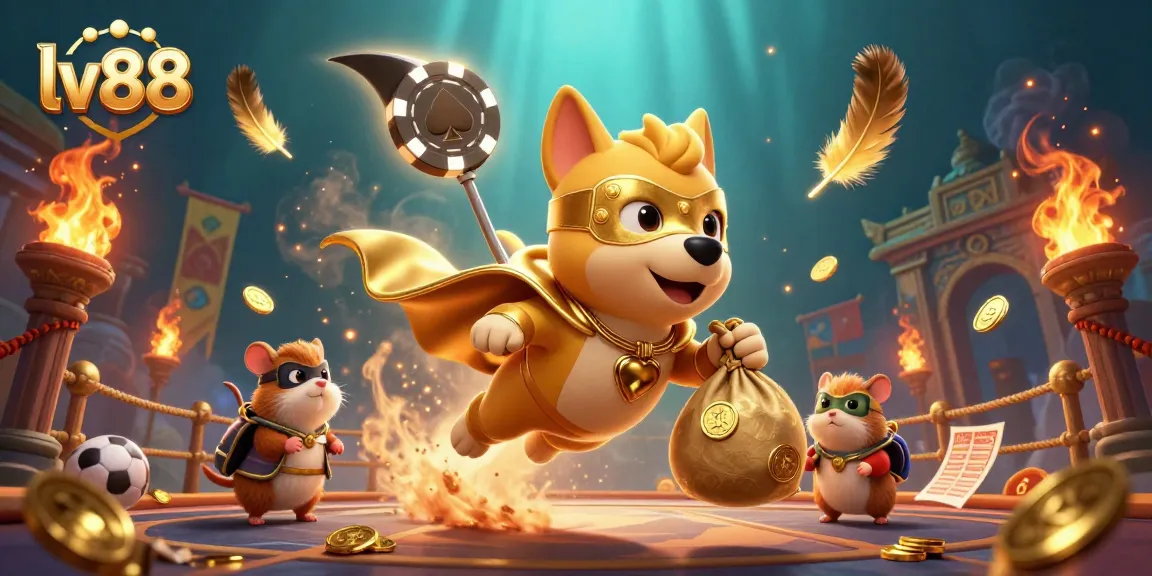 Experience thrilling sports betting action with lv88, as a superhero dog and hamster navigate a vibrant arena.