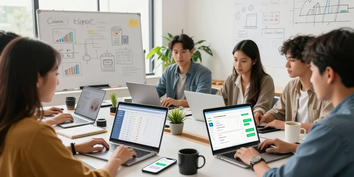 Buy app downloads strategy session with a diverse marketing team analyzing app performance in an innovative workspace.