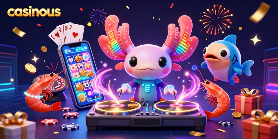 Experience the thrill of casinous with a neon axolotl DJ and lively sea creatures celebrating casino games.