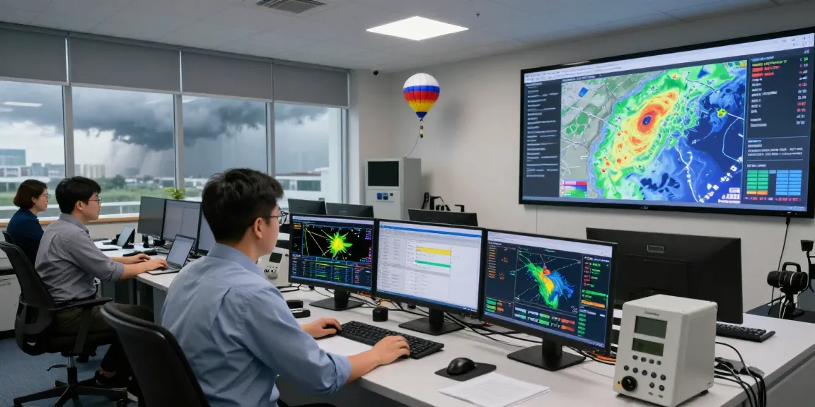 Prediksi 7meter weather forecasting scene featuring meteorologist analyzing data and predictive models in a modern office.