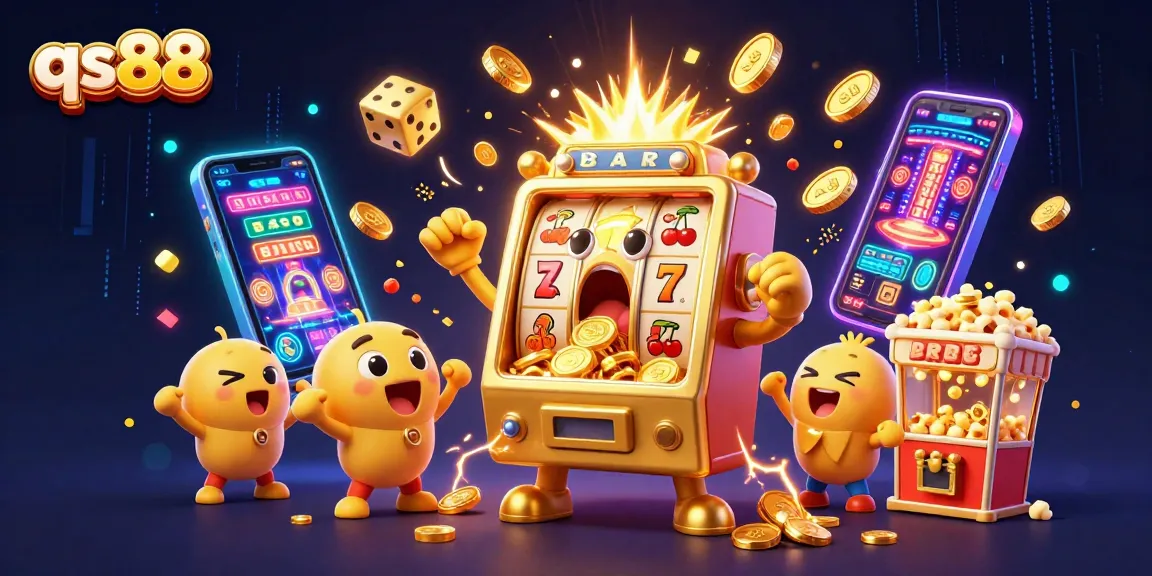 Experience the excitement of qs88 as the golden slot machine hits a jackpot amidst a vibrant casino scene.