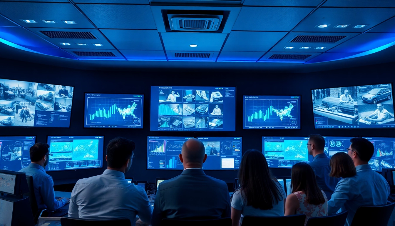 Visual representation of video surveillance analytics technology in a modern security control room.