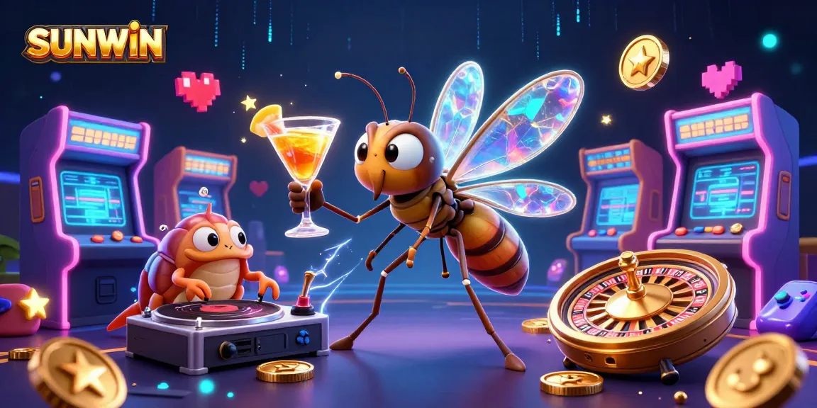 SUNWIN's vibrant illustration showcases a frozen mosquito mascot and a trilobite DJ amidst dynamic casino elements.