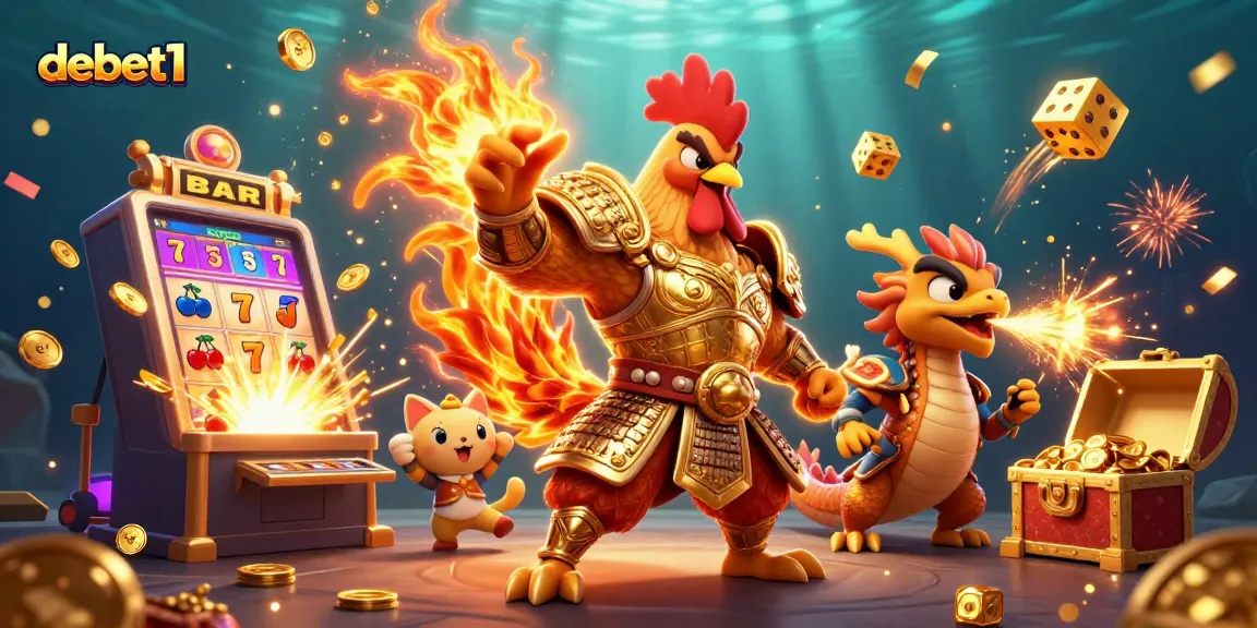 Experience the thrilling jackpot action at debet1 with cartoon warriors and casino elements.