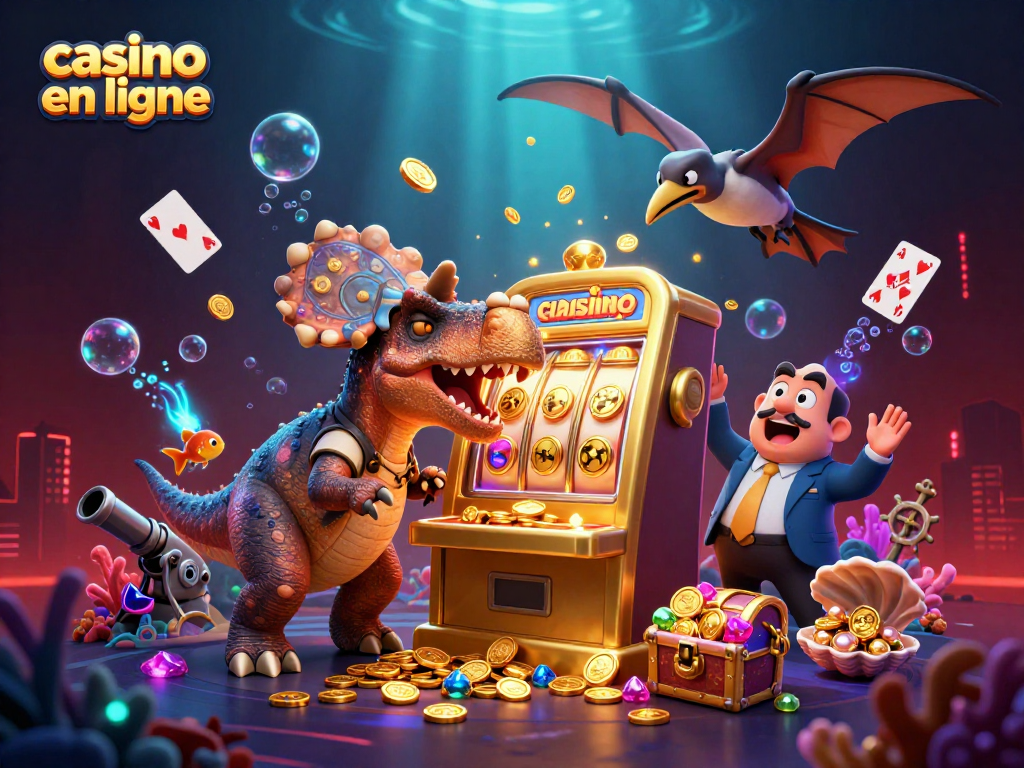 Le casino en ligne anime un affrontement coloré entre un pachycephalosaurus et une machine à sous dorée, pièces d'or tombant.