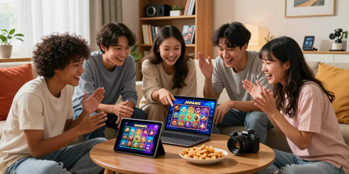 Friends exploring jepang slot gaming options together in a cozy living room.