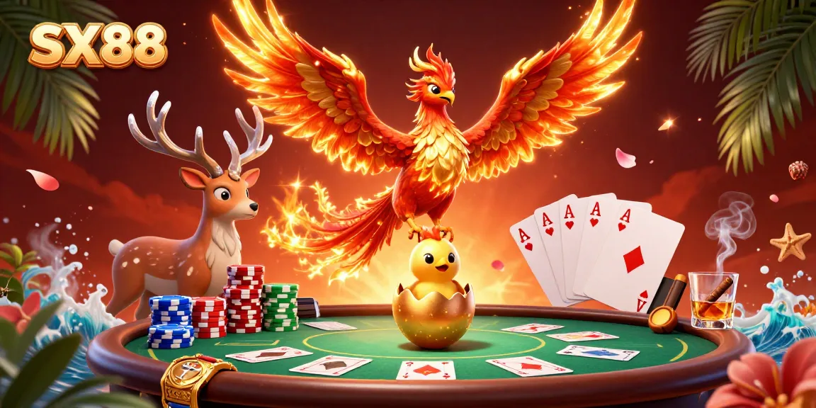 SX88 offers an immersive gambling experience with a vibrant phoenix and poker elements.