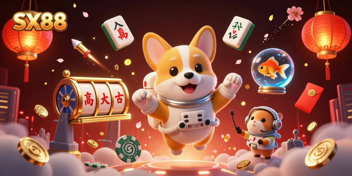 SX88 immerses players in a fun casino scene featuring a floating astronaut corgi with poker chips, embodying excitement in gaming.