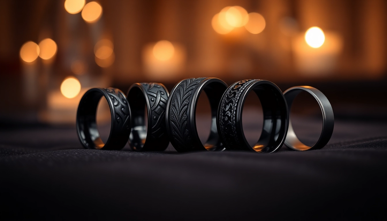 Show dark mens wedding bands displayed elegantly, showcasing their detailed craftsmanship.