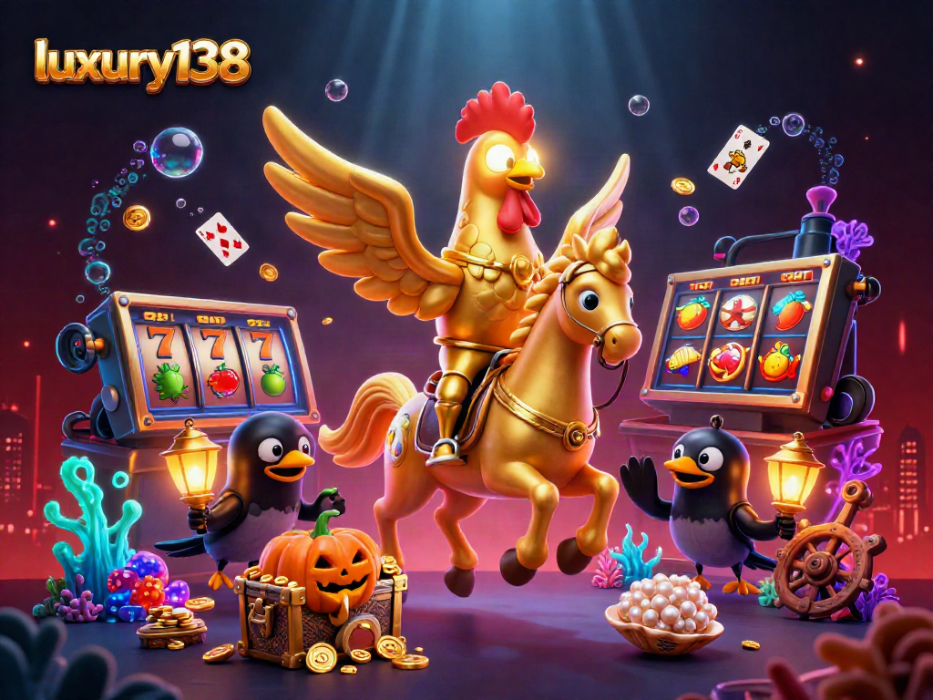 Luxury138 menghadirkan pengalaman bermain kasino dengan simbol slot, peti harta karun, dan karakter menarik.