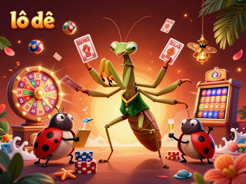 Engage in lô đề with a lively scene of a mantis card sharp and pit boss amidst lottery visuals.