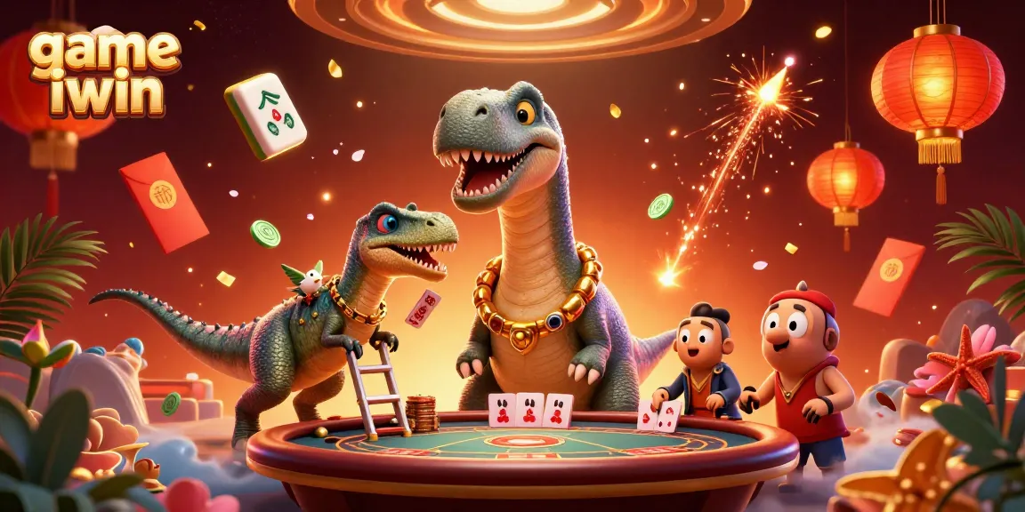Engage in game iwin with a 3D scene of a playful brontosaurus and clever raptor at a casino.