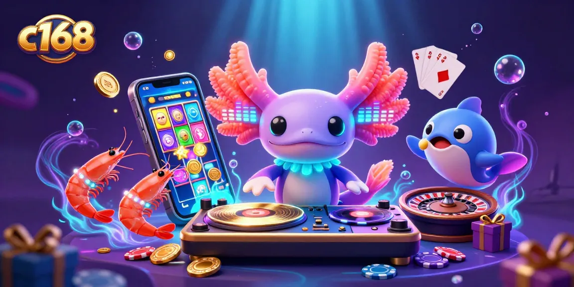 C168 brings excitement with a vibrant 3D scene featuring an axolotl DJ spinning casino games and coins.