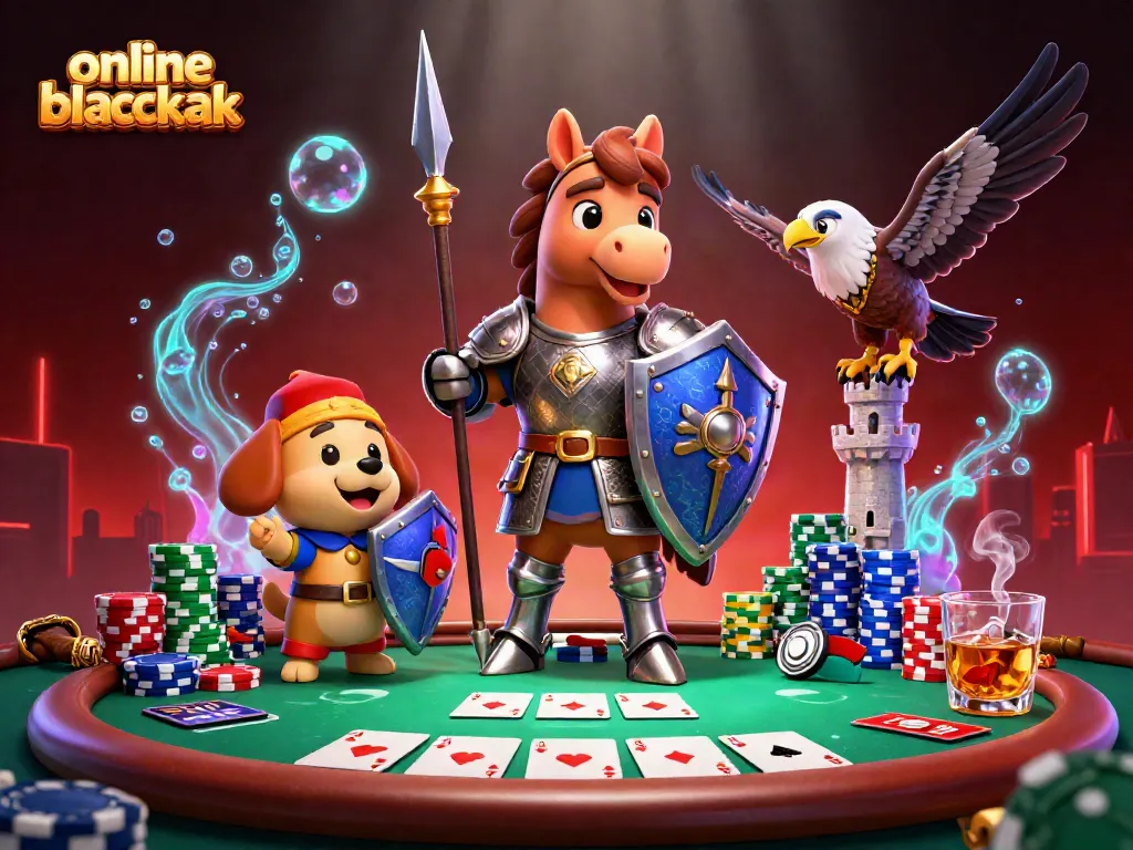 Play exciting online blackjack surrounded by colorful poker elements and medieval characters.
