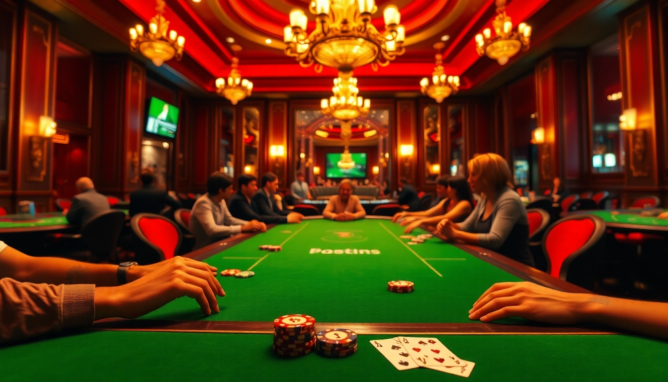 Budaya777 sebagai tema utama dalam suasana kasino yang elegan dengan meja poker dan pemain yang bersemangat.