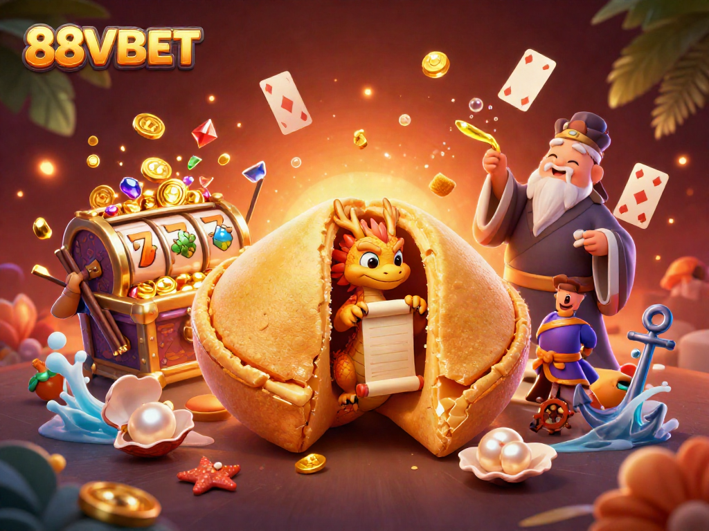Experience thrilling adventures at 88VBET with an engaging illustration featuring Fortune cookies and casino elements.