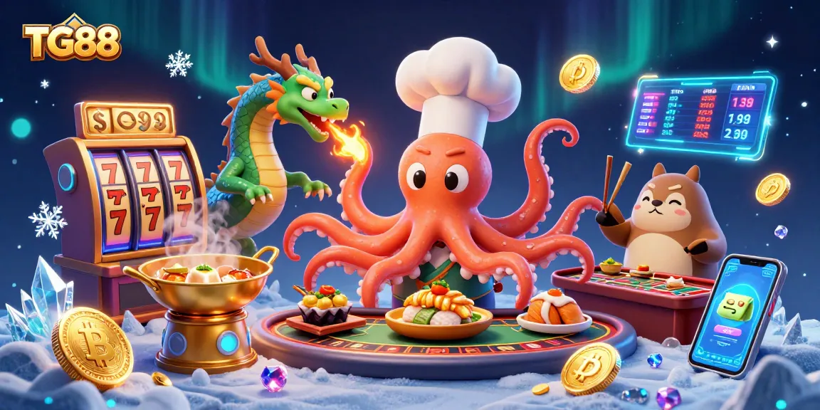 Experience TG88's vibrant online casino scene with interactive 3D characters, slot reels, and cryptocurrency elements.