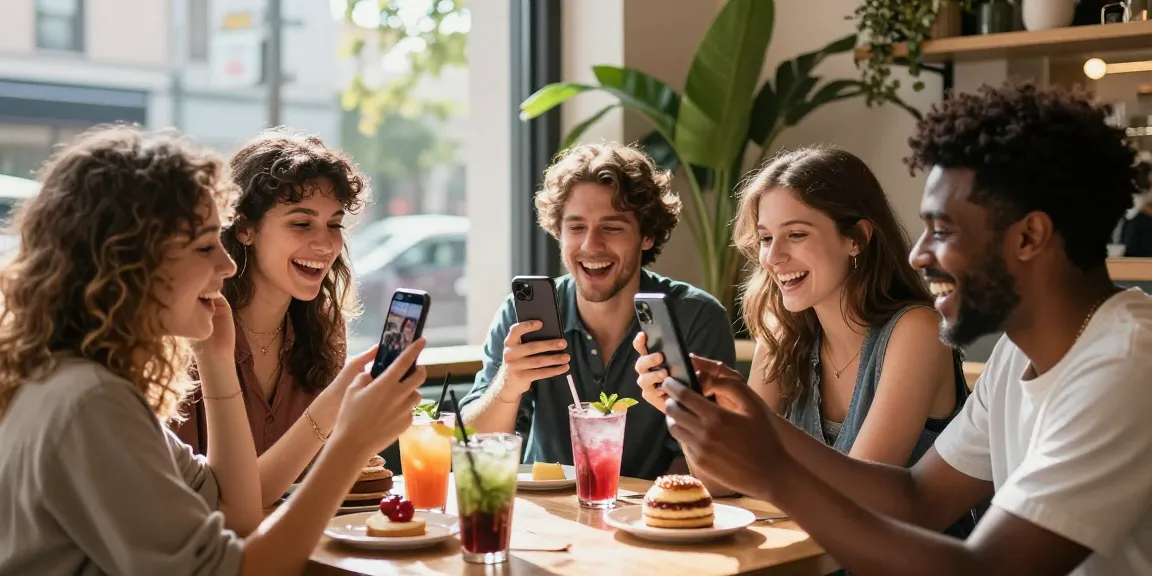 Friends testing attractiveness in café, showcasing fun social interaction and modern beauty trends.