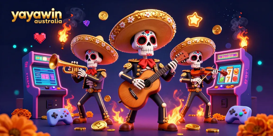 Spin to win at yayawin australia with vibrant mariachi characters and casino-themed arcade elements