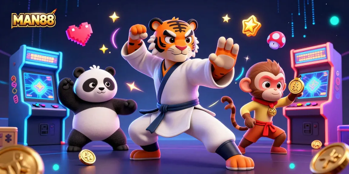 Engage with MAN88's exciting features featuring a kung fu master, panda disciple, and monkey in a casino gaming scene.