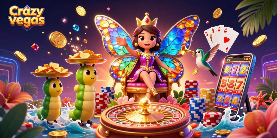 Experience the thrill of crazyvegas with a vibrant 3D illustration showcasing a butterfly queen amidst dazzling casino elements.
