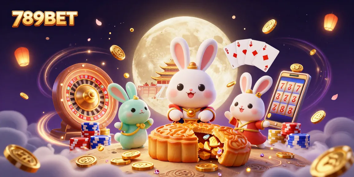 Win with 789BET in this vibrant, dynamic 3D casino illustration featuring a moon rabbit surrounded by sparkling casino elements.