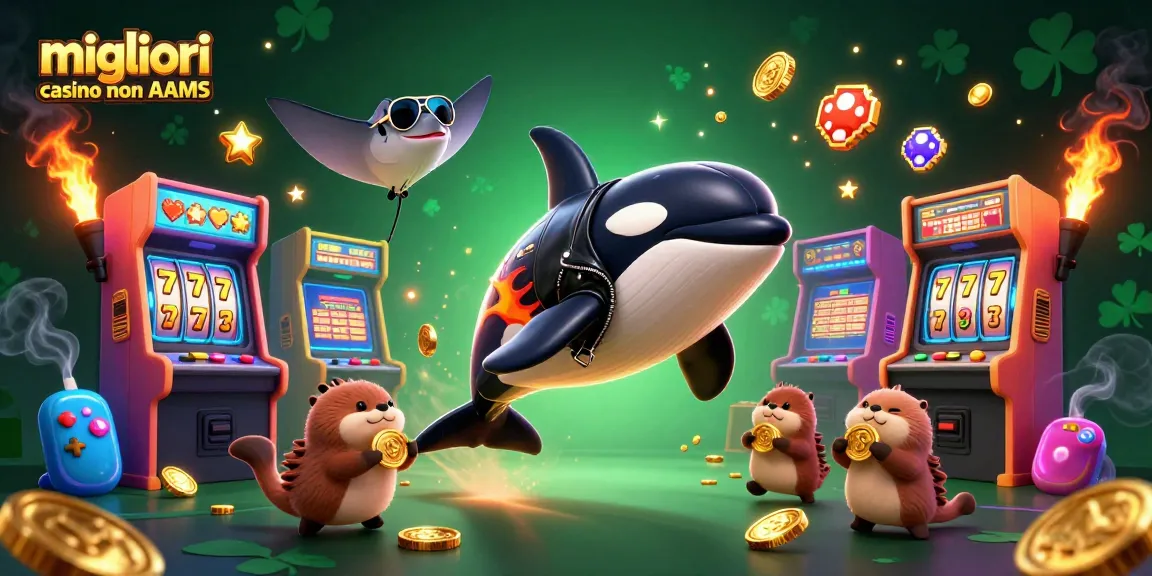 Migliori casino non AAMS: Illustrazione di animali marini che celebrano il gioco d'azzardo con monete d'oro