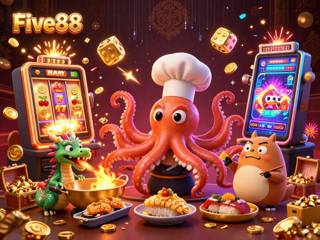 Play exciting games at Five88 with a vibrant scene featuring a sushi chef octopus and lucky symbols.