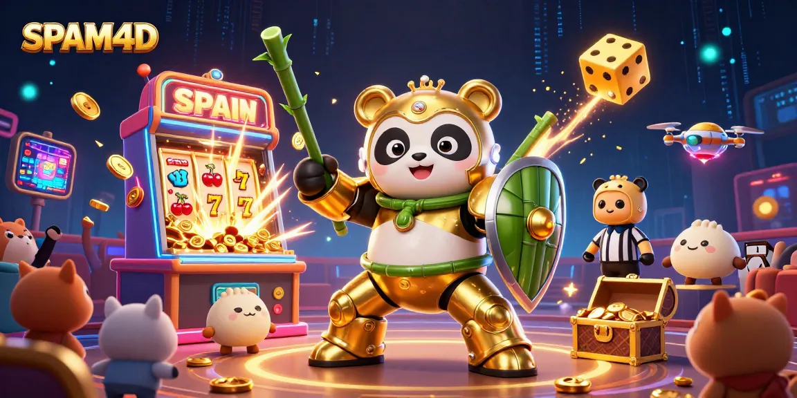 SPAM4D menang di mesin slot 3D berkilau dengan panda emas dalam robot bertarung.