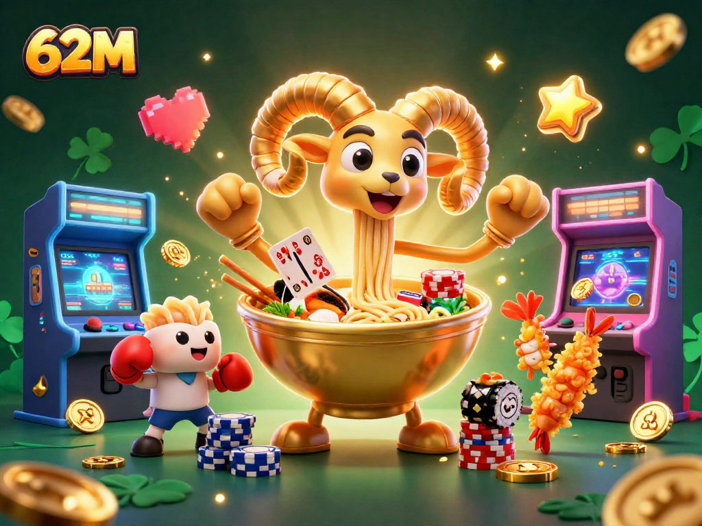Ilustração em 3D do 62M com personagens de cassino animados jogando cartas e empilhando fichas.