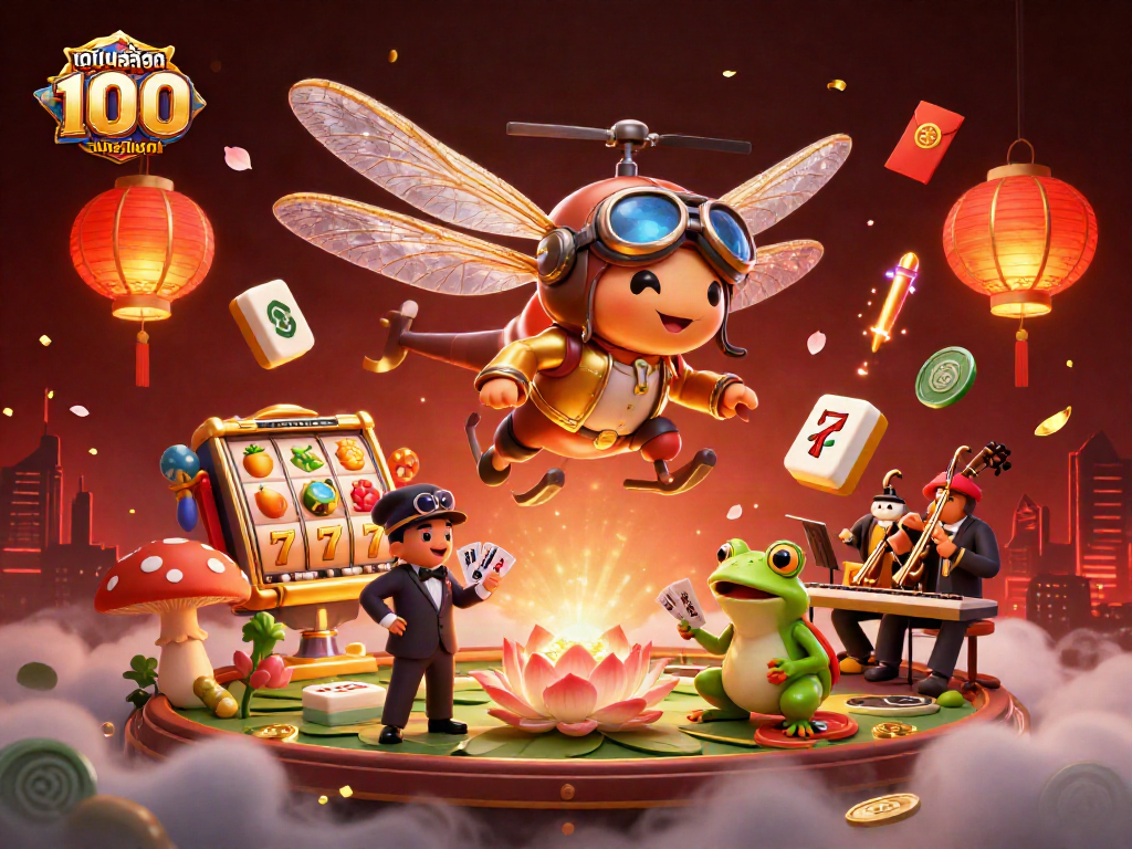 Engage with เว็บสล็อต แท้ 100 เปอร์เซ็นต์ through this vibrant 3D illustration of luck and fun in a unique casino setting.