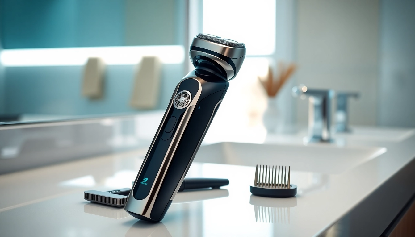 Get the best affordable electric shaver with upscale grooming accessories showcased in a bright bathroom scene.