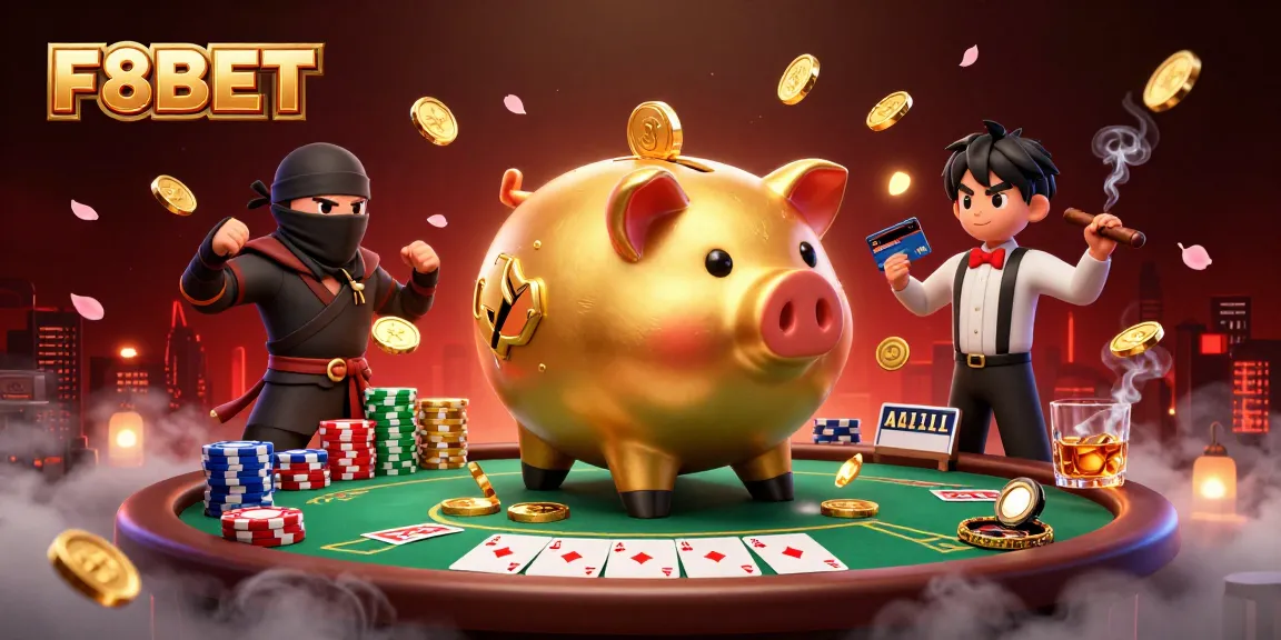 Experience the excitement at F8BET with the golden piggy bank sumo wrestler and vibrant poker scene.