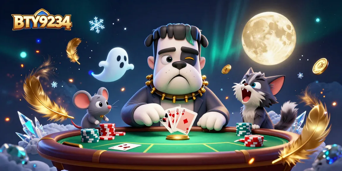 BTY9234 poker scene with a cartoon bulldog monster, a ghost mouse, and a werewolf kitten.