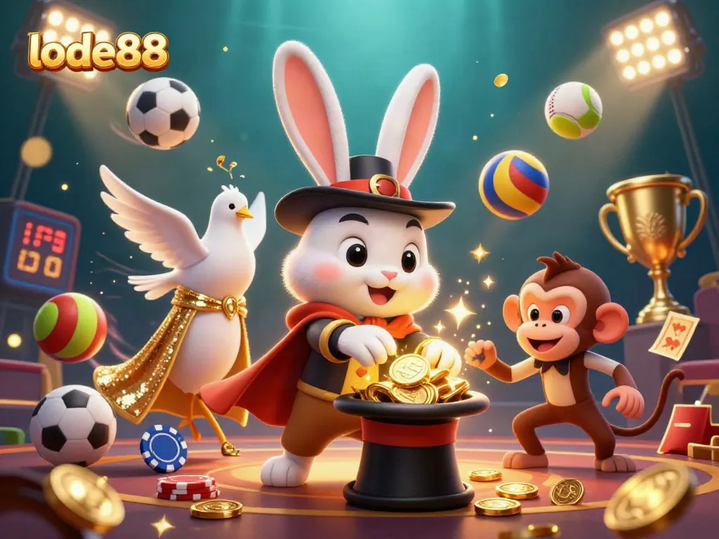 Join the excitement at lode88 with a whimsical scene featuring a magician rabbit, a dove, and a monkey amid casino elements.