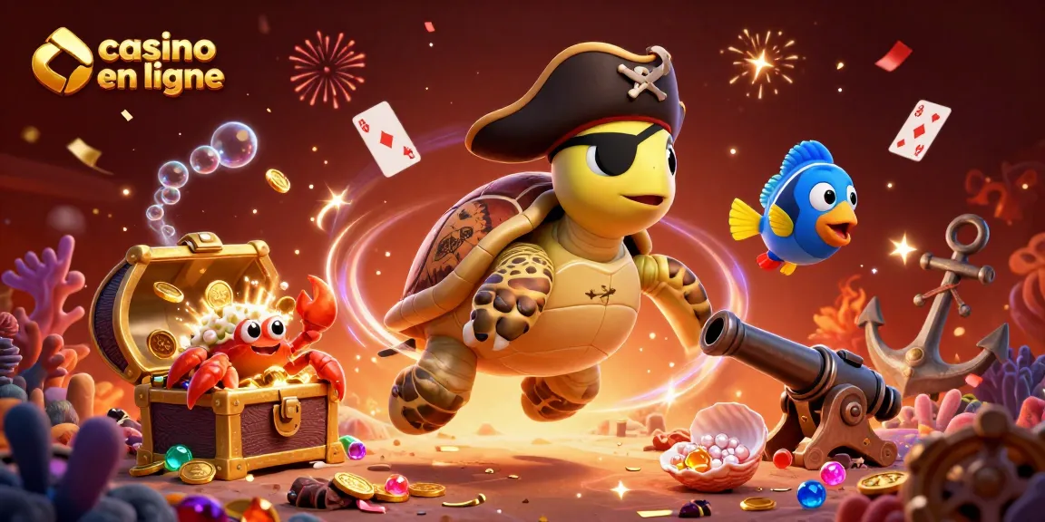 Plongez dans l'univers du casino en ligne avec cette illustration dynamique montrant une tortue pirate et des trésors sous-marins.