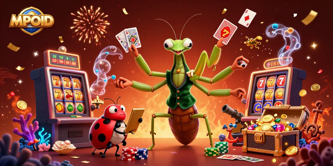 Join the fun at MPOID as the giant praying mantis deals cards and celebrates in a lively casino!
