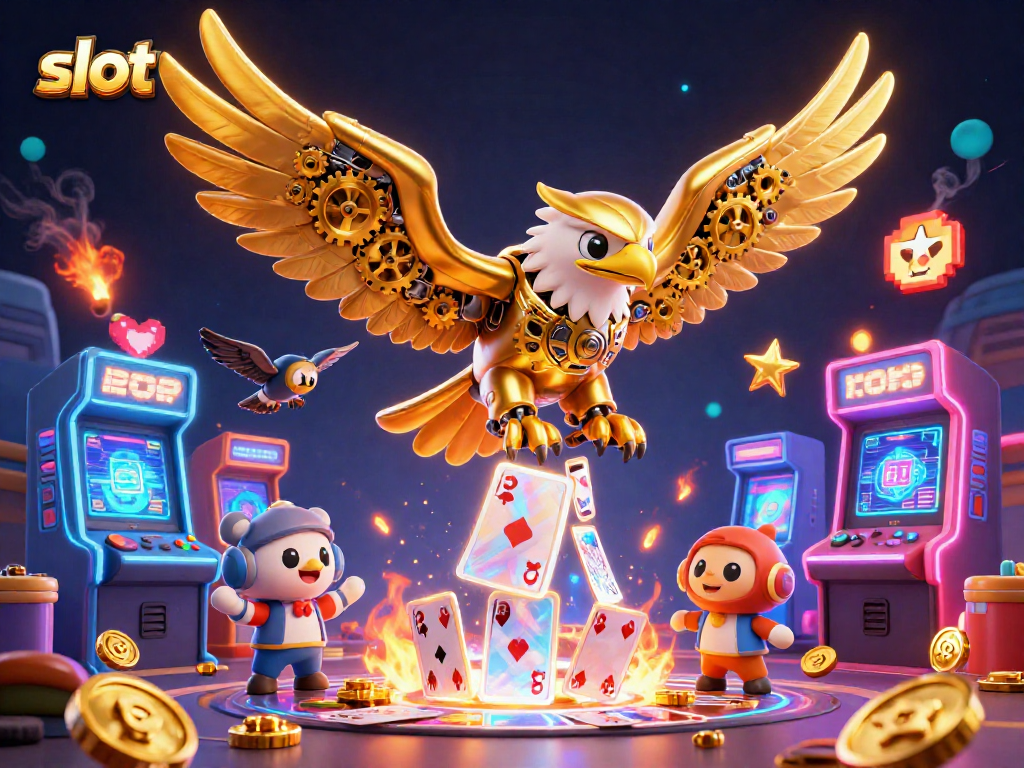 Slot yang menarik dengan elang cybernetik terbang melalui kartu holografik di kasino.