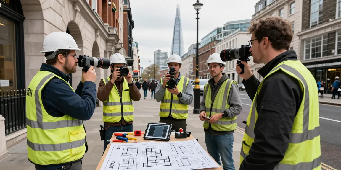 Measured building surveyors using advanced technology on a London site for accurate architectural data.