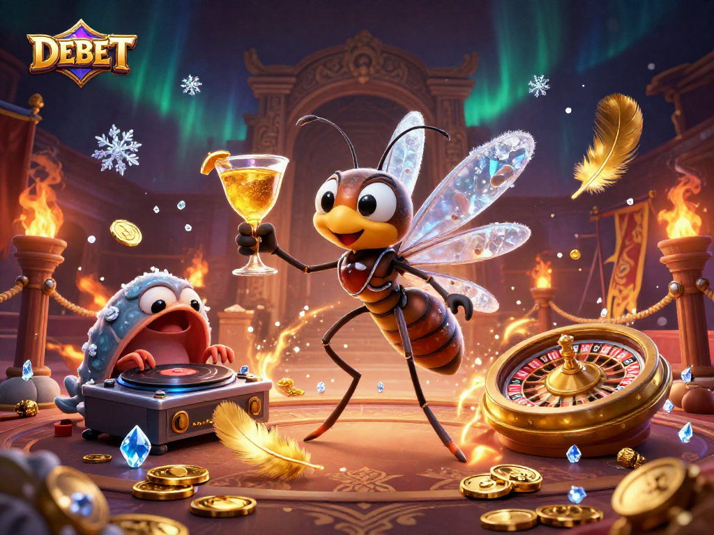 Experience DEBET's vibrant casino atmosphere with dynamic characters and gold elements in a stunning 3D scene.