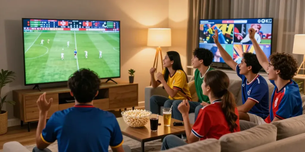 Menonton pertandingan sepak bola secara langsung dengan GLOWING88 di ruang tamu yang nyaman.