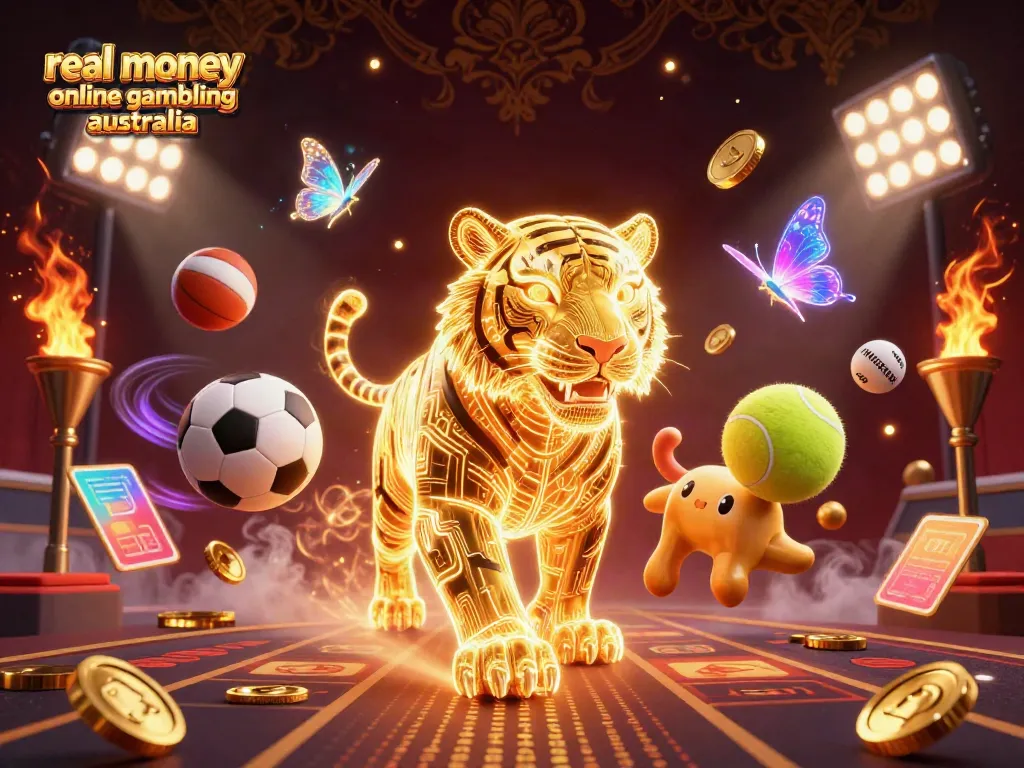 Explore dynamic real money online gambling australia scene with neon tiger and sports elements.