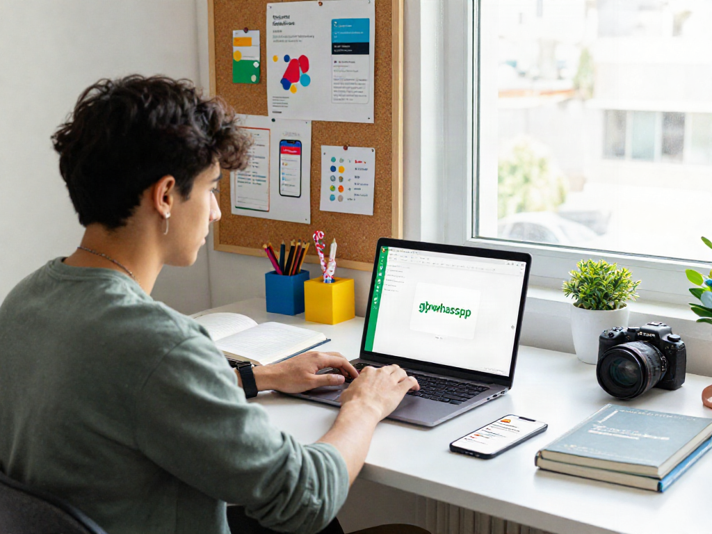 Developer working on gbwhatsapp app interface in a modern workspace with coding tools and vibrant decor