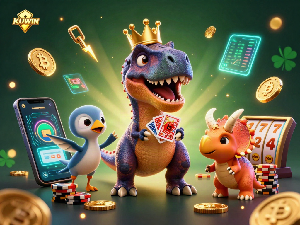 Engage in thrilling casino excitement with KUWIN's dynamic T-Rex dealing cards and winning chips.