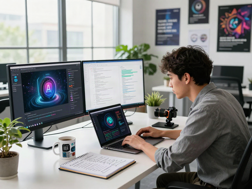 Data scientist using an AI Detector in a modern tech workspace, analyzing AI-generated content.